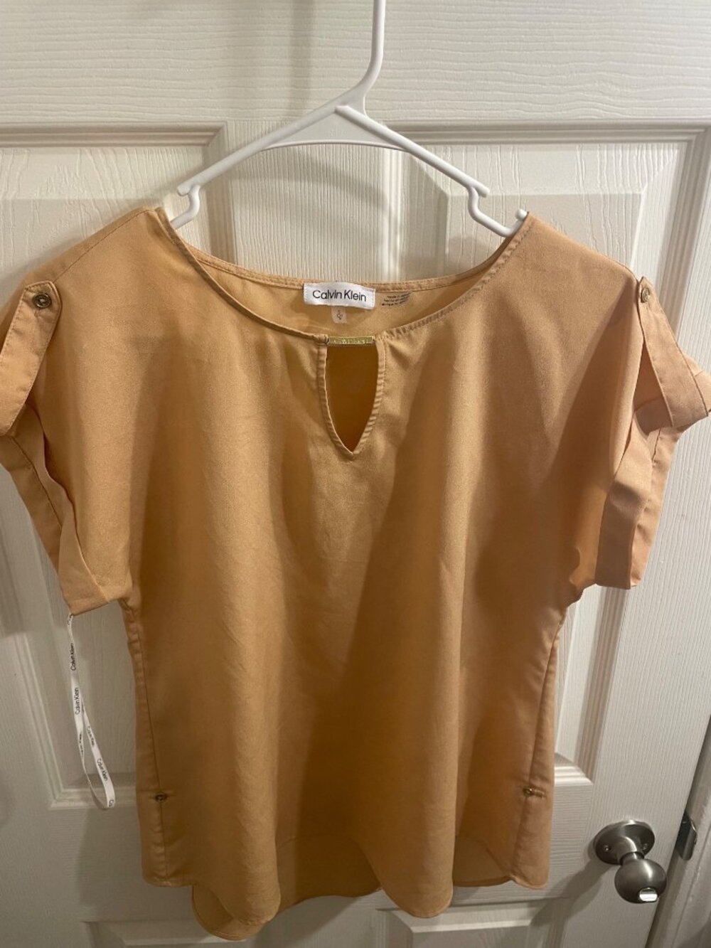 Calvin Klein Tan Blouse Small Keyhole Neck Short Sleeve Work Top
